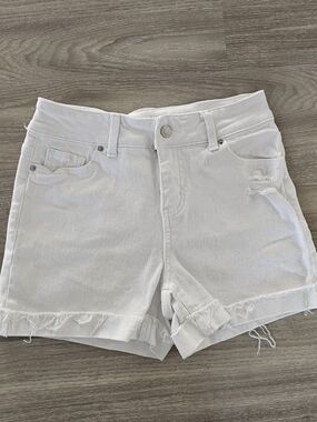 White High-Rise Distressed Denim Shorts